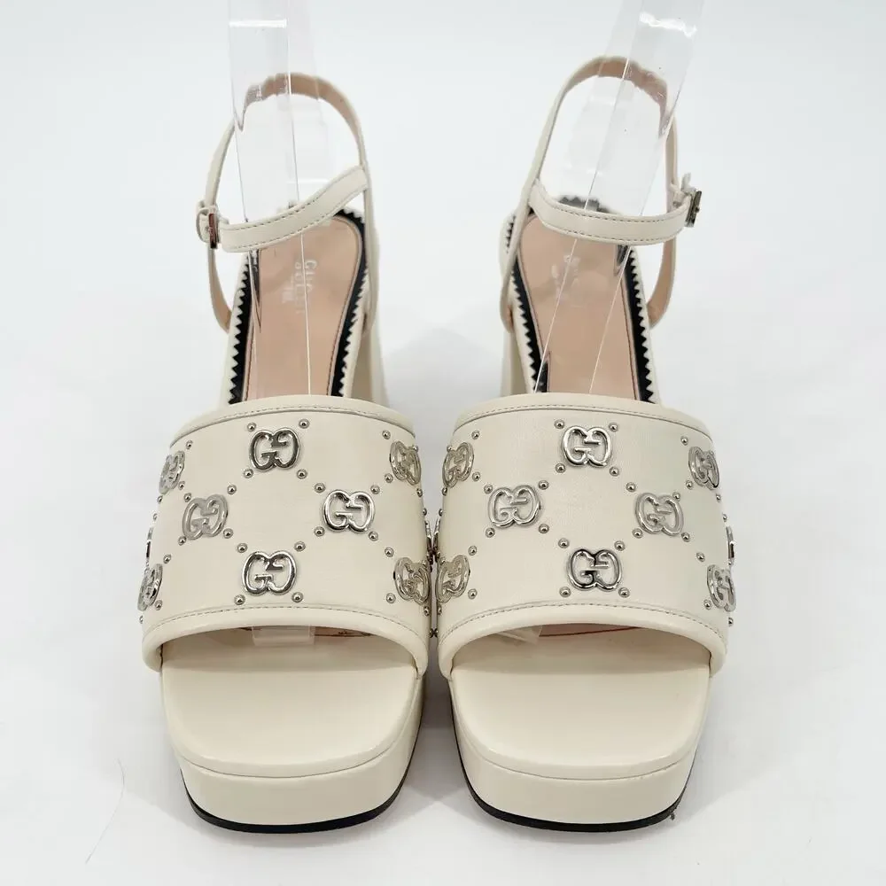 Gucci Mystic White Janaya Interlocking GG Studs Ankle Strap Sandals EU 38.5